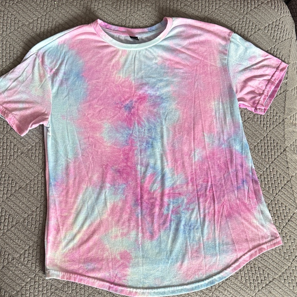 SHEIN Pastel Tie-Dye Short Sleeve Tee - Pink and Blue